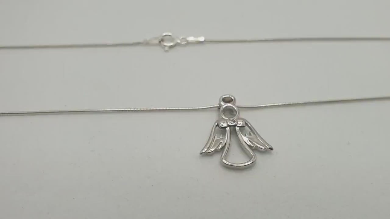 Sterling Silver Angel Pendant Necklace: Cubic Zirconia, Rhodium Plated