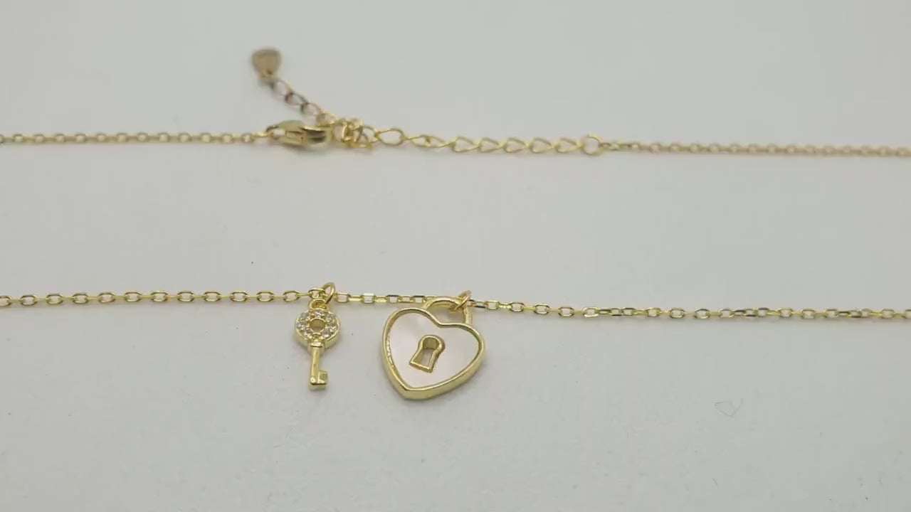 Gold Plated Silver Key and Nacre Heart Lock Necklace: Cubic Zirconia Charm