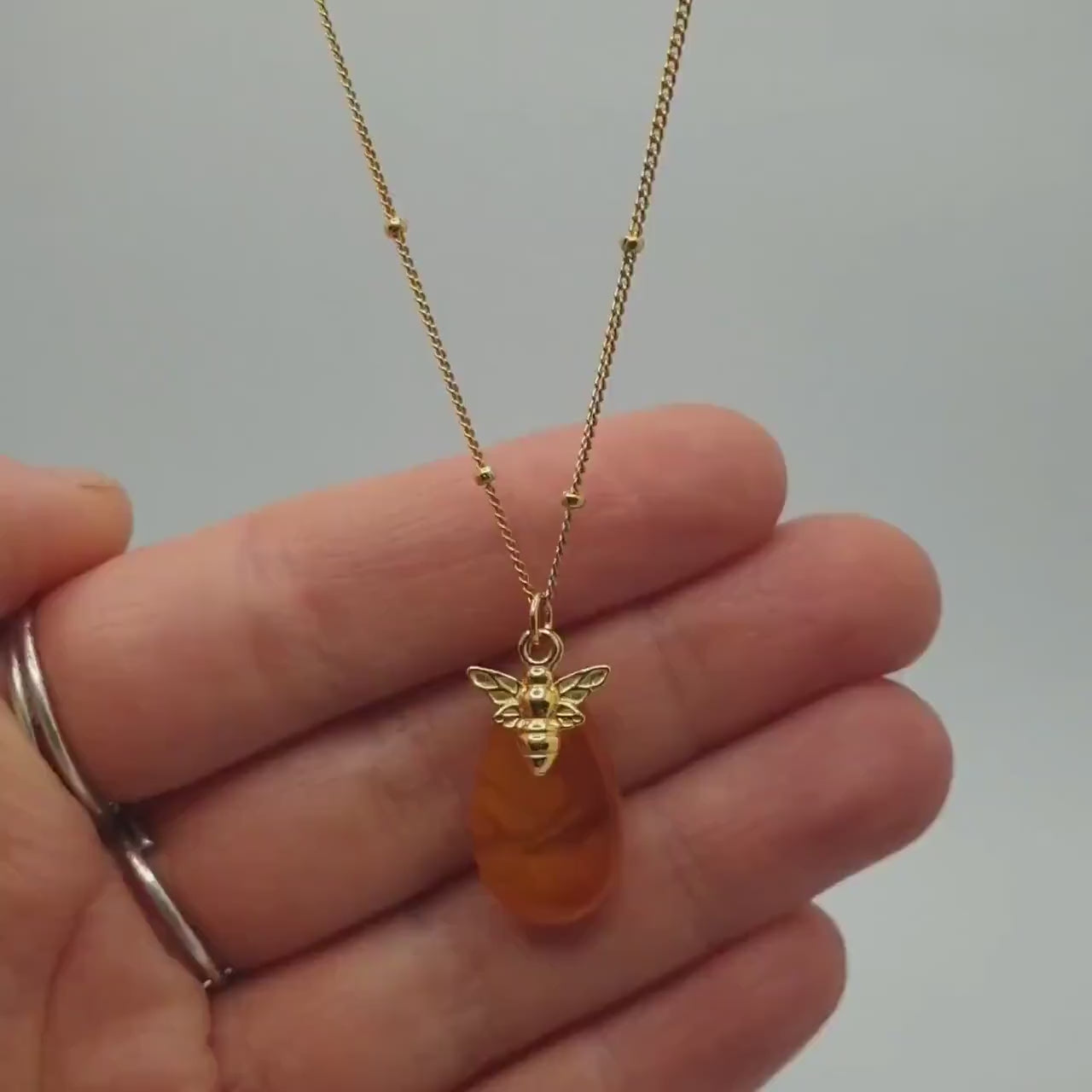 Yolk Butterscotch Honey Amber Pendant Necklace with Bee Charm, Nature Inspired Baltic Amber Jewelry