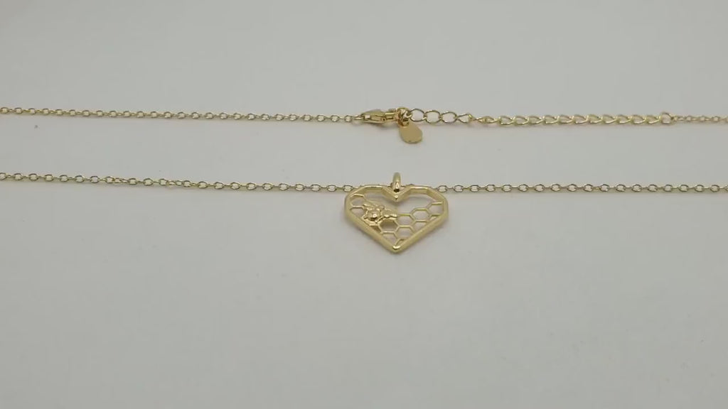 Gold Honeycomb Heart Bee Necklace: 18K Gold-Plated Silver Pendant