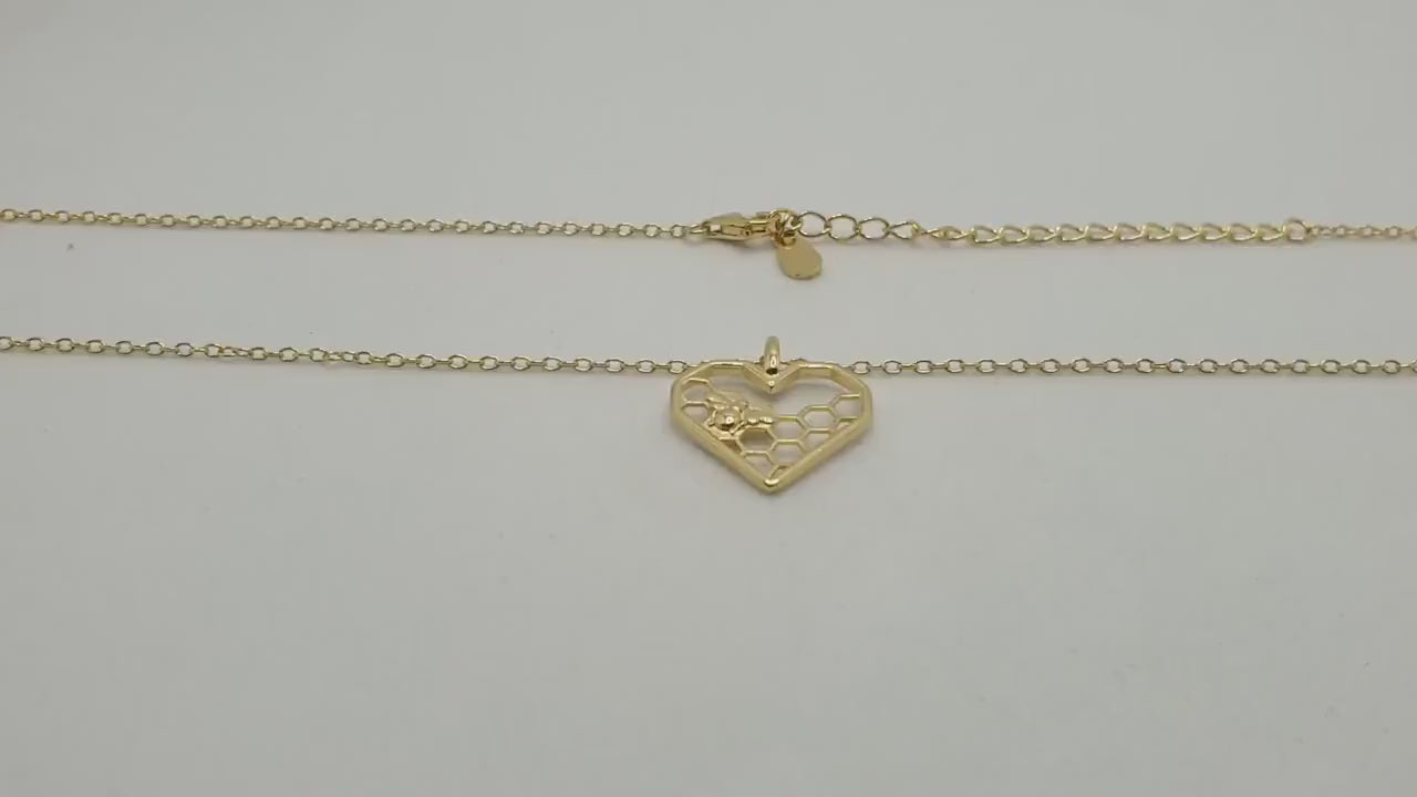 Gold Honeycomb Heart Bee Necklace: 18K Gold-Plated Silver Pendant